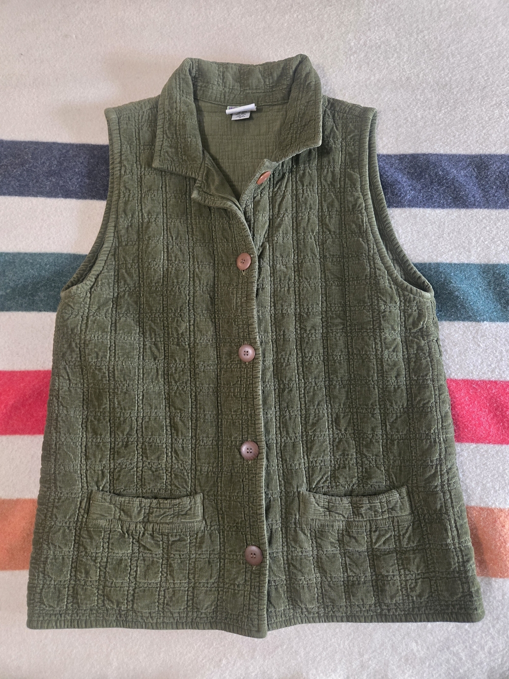 100% Cotton Corduroy Quilted Button-Front Women’s Green Vest